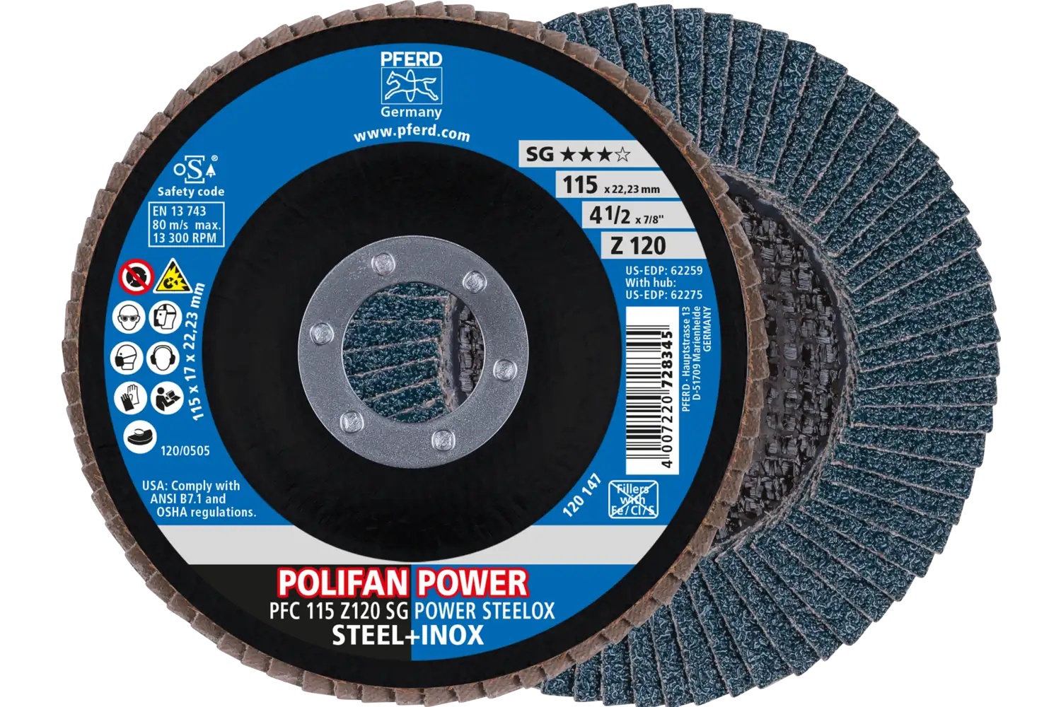 Picture of Pferd Flap Disc, 4-1/2" x 7/8, Z SG Power Steelox, 120 Grit, T29, Conical, Zirconia